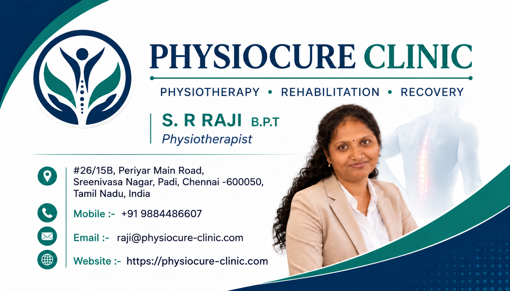 Physiocure Clinic - S. R. Raji B.P.T. Physiotherapist Visiting Card